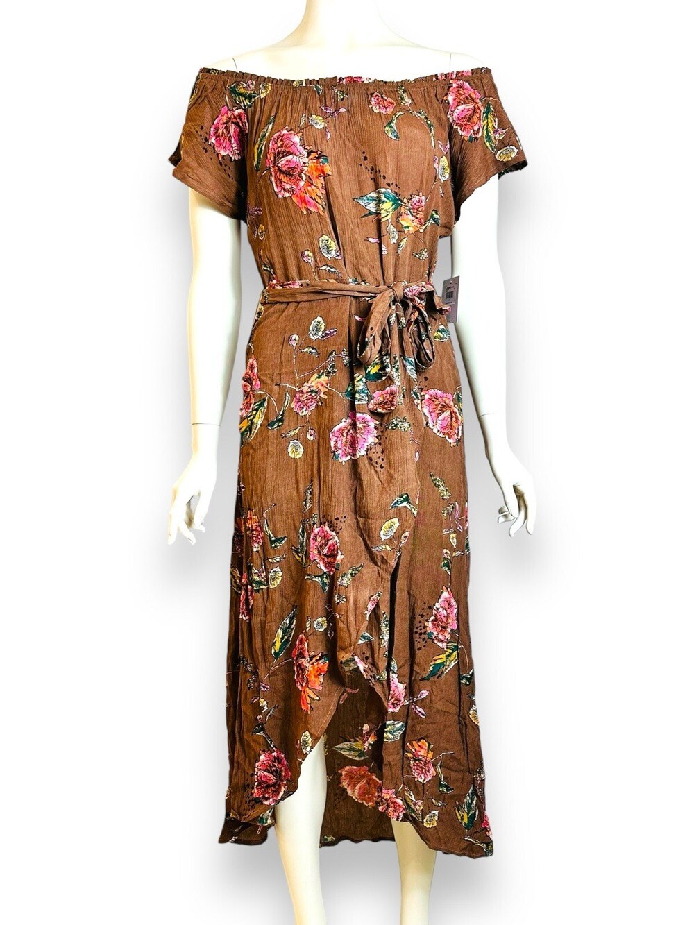 O'Neill Conners Off The Shoulder Midi Dress Women's Small Floral Brown Tie